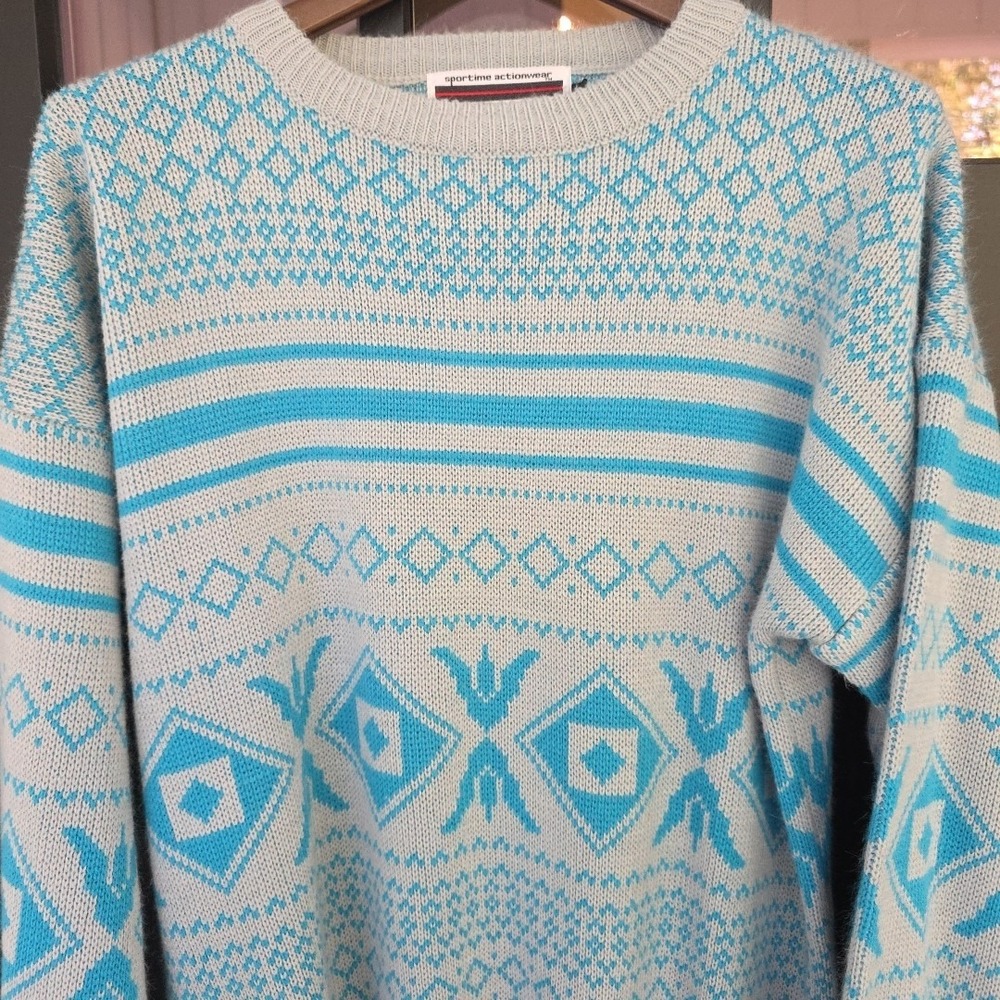 Vintage Sportime Actionwear Sweater Pullover Men Medium Blue Snowflakes Taiwan - Picture 4 of 7